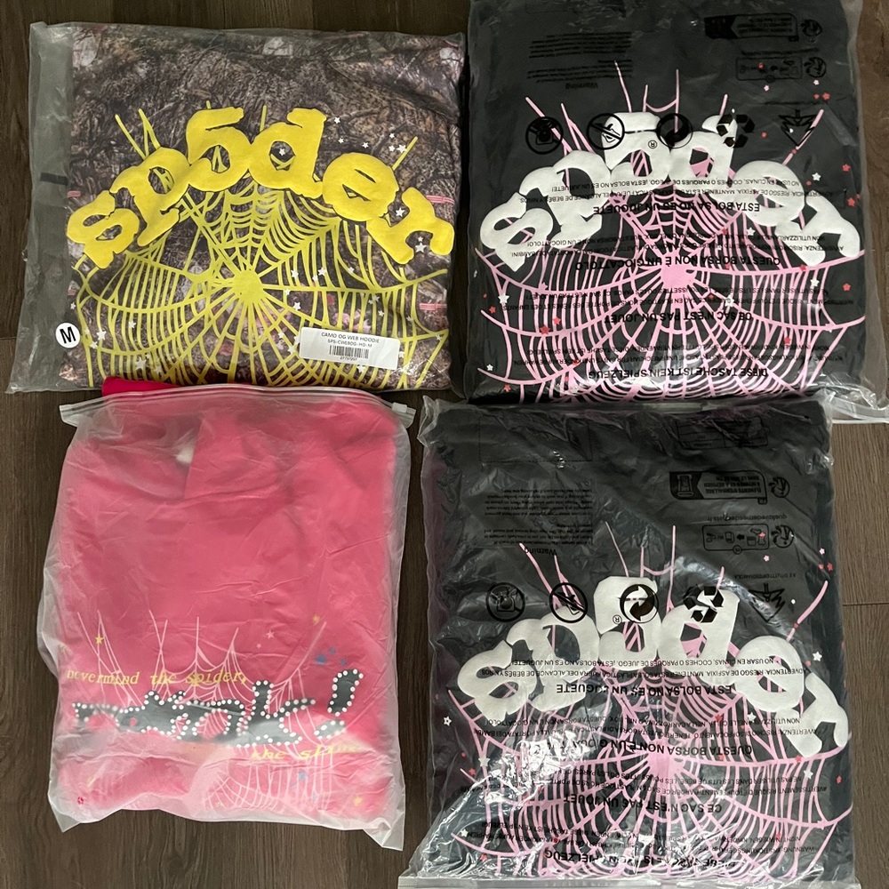 Sp5der Graphic Hoodies in Black, Pink, and Camo